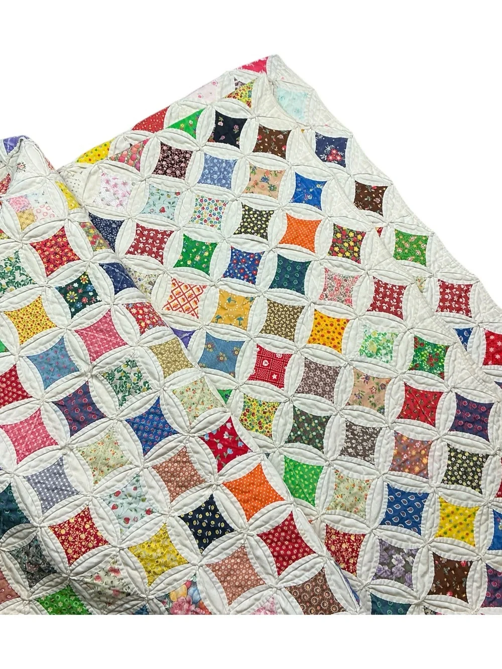 Vintage hand stitched cathedral window multicolored quilt 79 x 97 USA made
